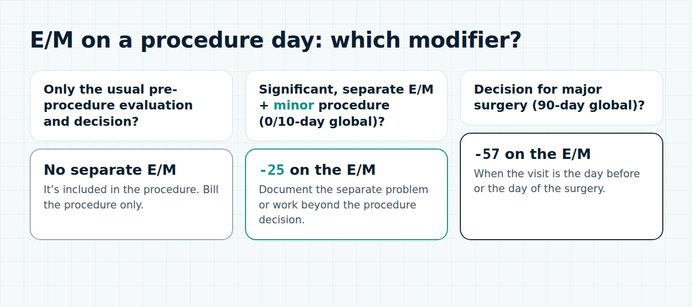 Decision guide: when to use modifier 25, modifier 57, or no separate E/M on a procedure day