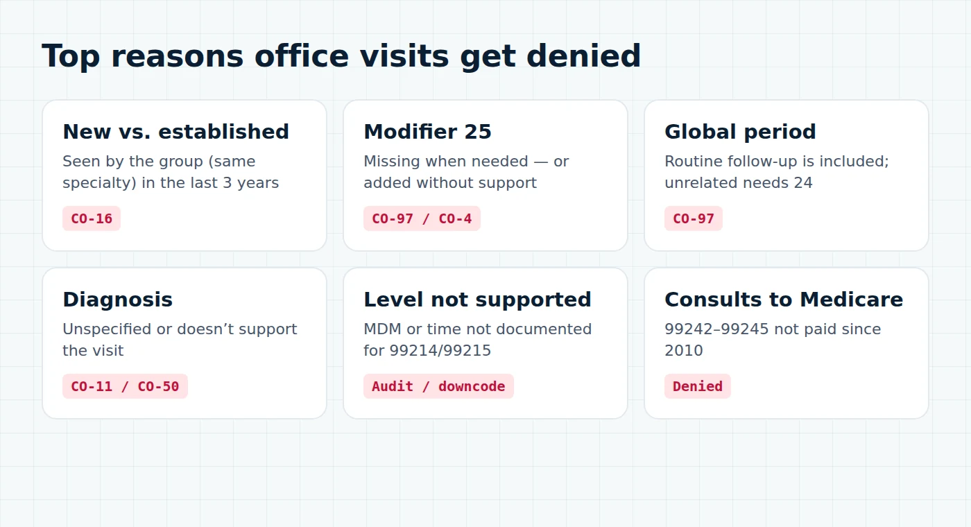 Top reasons office visits are denied: new vs established, modifier 25, global period, diagnosis, level not supported, consult codes